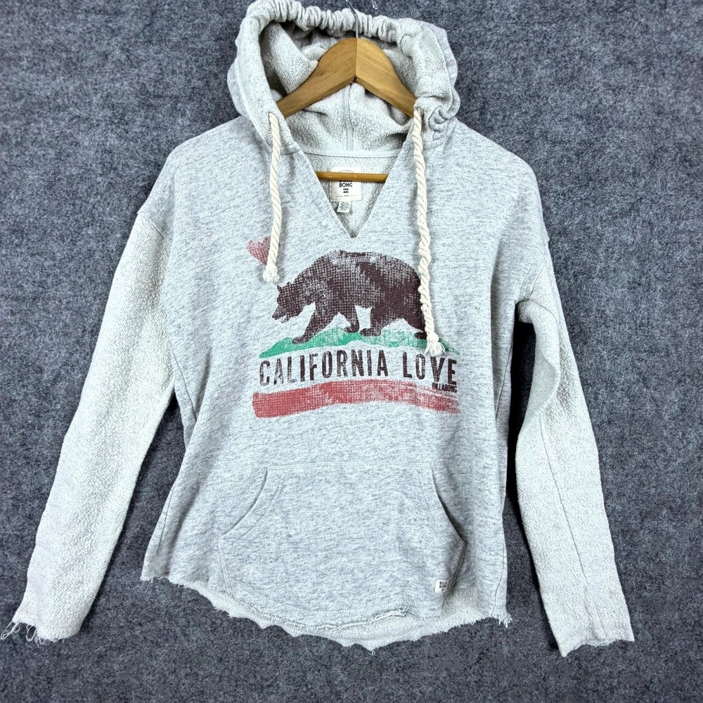 Billabong Hoodie Womens Medium Gray Fleece Lined California Love Bear Graphic